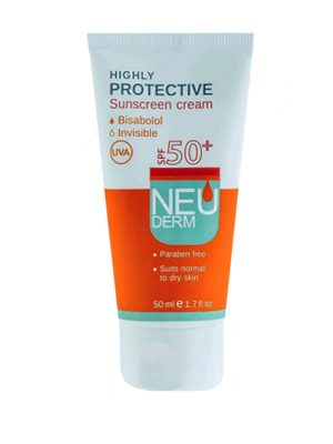 کرم ضد آفتاب نئودرم +SPF50 مدل هایلی پروتکتیو بی رنگ مناسب پوست های معمولی و خشک 50 میلی لیتر